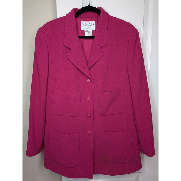 CHANEL Wool Jacket Blazer Hot Pink size 48 with 4 Front Pockets